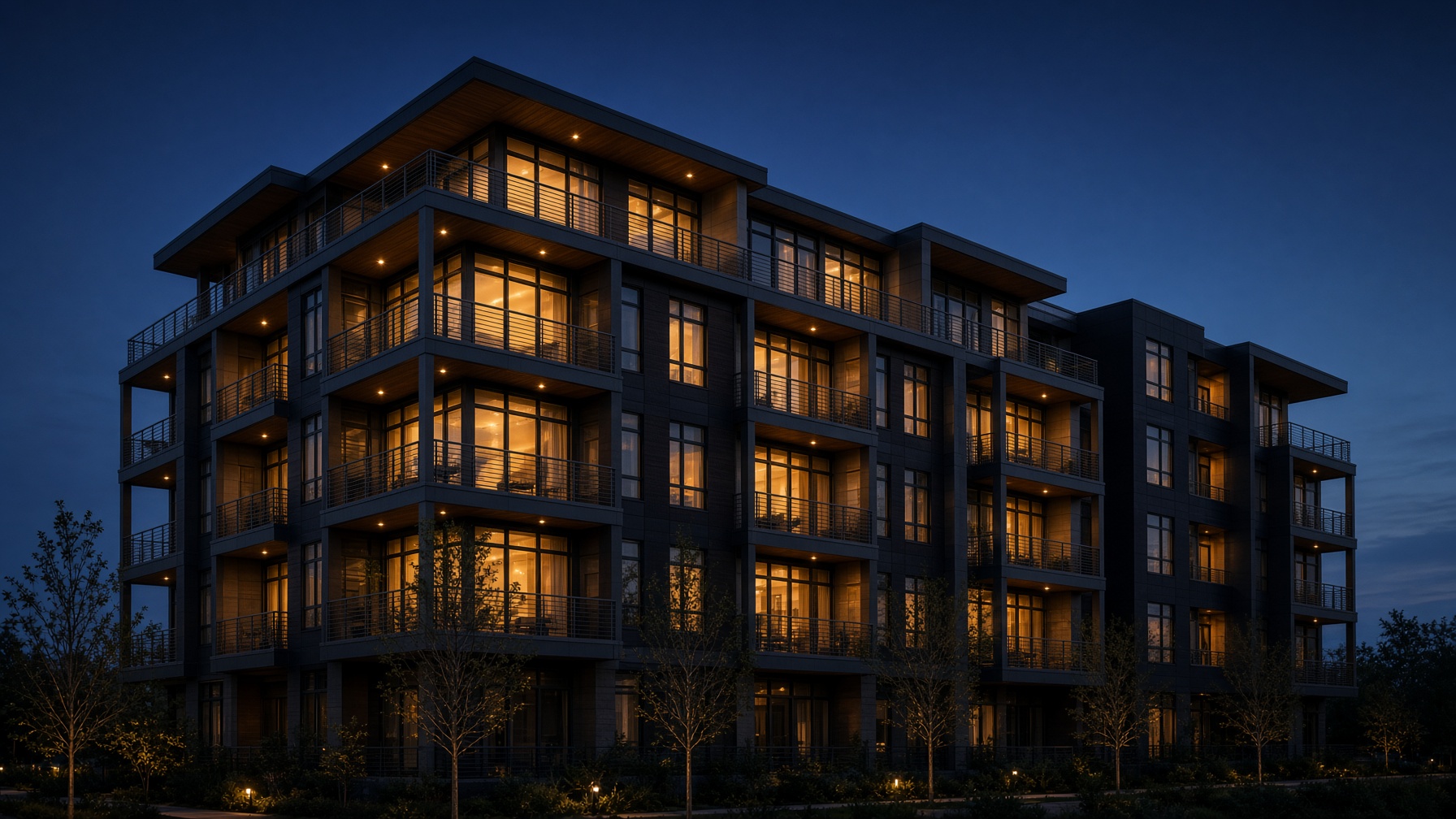 Evening view of a mid-rise apartment community